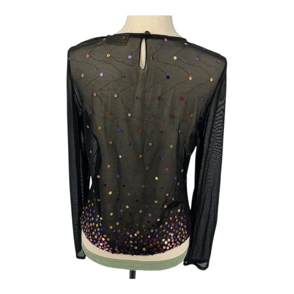 Vintage Cache Y2K Mesh Black Top Multi Colored Sequins Size Medium